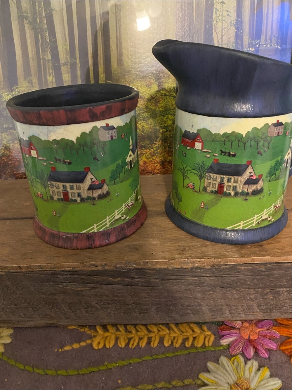 Folk Art Country Cottage Ceramic Pitcher and Utensil Holder - Green, no cracks